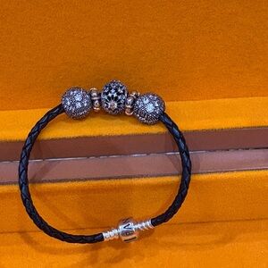 Pandora Black Braided Leather Bracelet with Silver Pave Beads